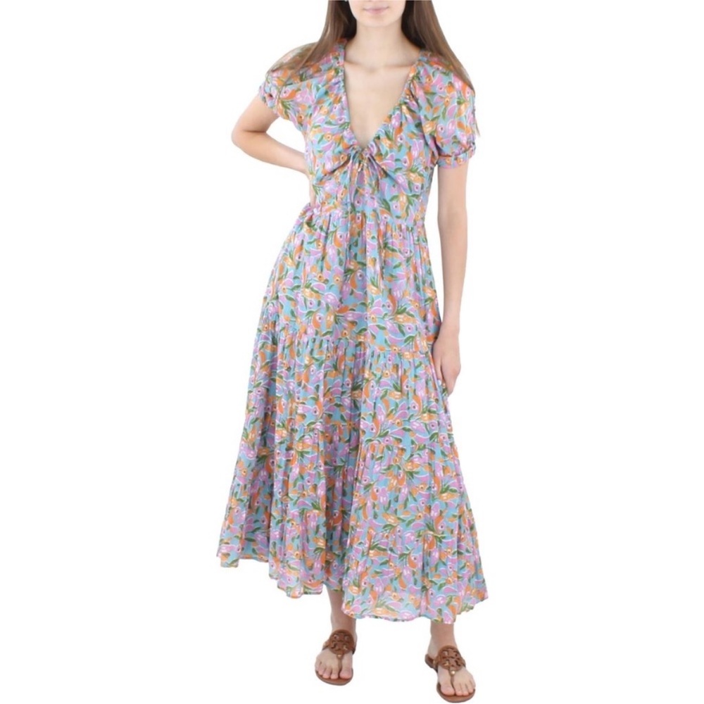 NWT Anthropologie Banjanan Blue Floral Multicolor Norma Maxi Dress Sz Medium